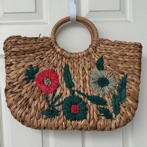 Floral Embroidered Woven Tote Bag